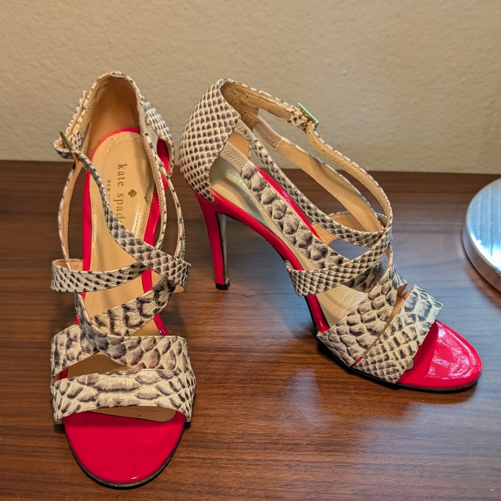 Kate Spade Snakeskin And Hot Pink Strappy Stilleto Heels Size 8